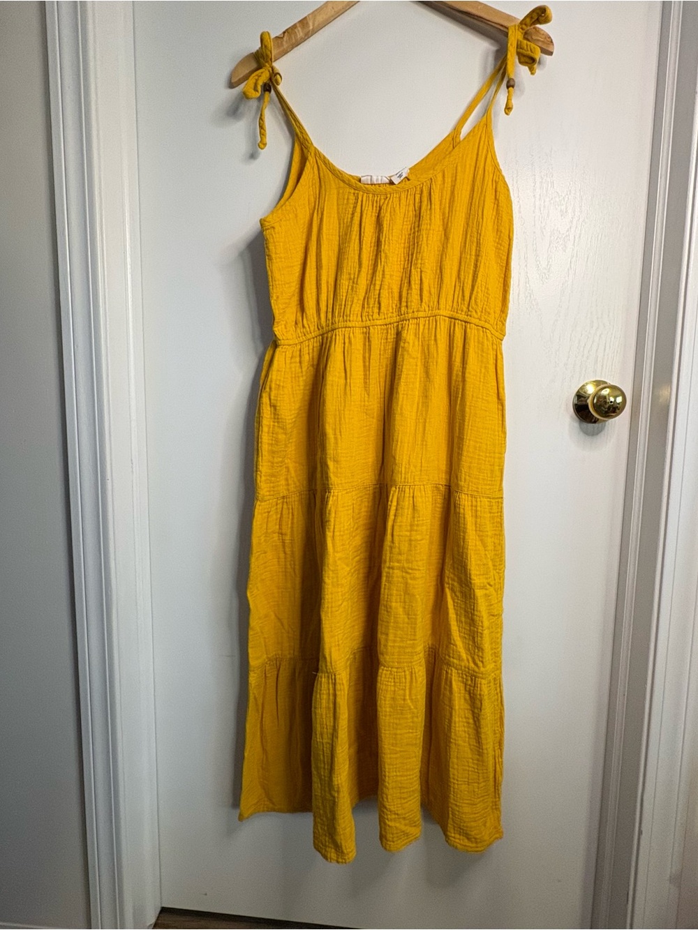 Lucky Brand Sz M Cotton Gauze Tiered Tie Strap Midi Dress Beachy Coastal Boho